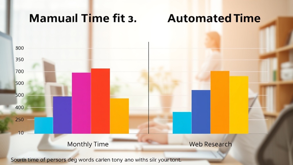 다양한 사무 작업을 수동으로 처리했을 때와 Power Automate Desktop으로 자동화했을 때 걸리는 시간을 비교하는 막대형 차트 SVG
