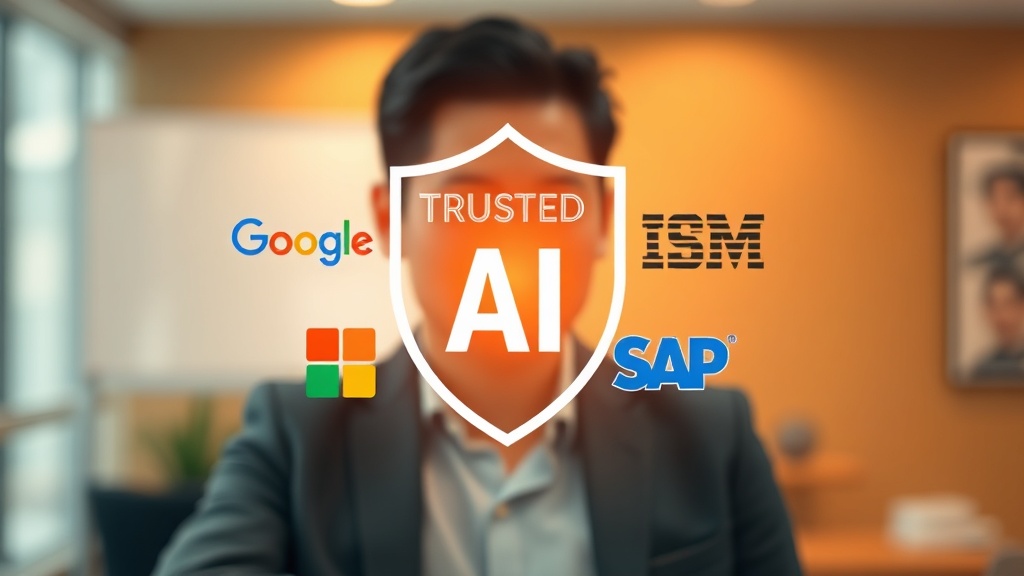 구글, 마이크로소프트, IBM, SAP, KISA, 카카오 등 주요 기업 로고들이 윤리적 AI를 상징하는 방패와 함께 배치된 추상적인 일러스트