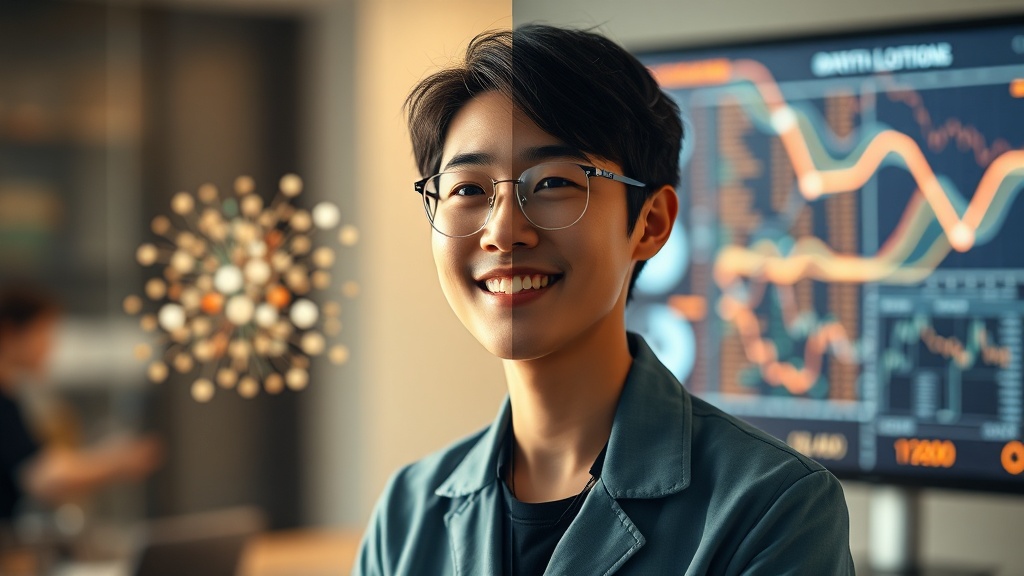 데이터 부족 문제를 해결하는 합성 데이터의 효과를 시각적으로 보여주는 이미지입니다. 한쪽에는 데이터가 부족한 상태를, 다른 쪽에는 풍부한 합성 데이터로 솔루션을 찾은 모습을 보여주며, 한국인 데이터 과학자가 AI 모델 학습 화면을 보며 만족하는 모습이 연출됩니다.