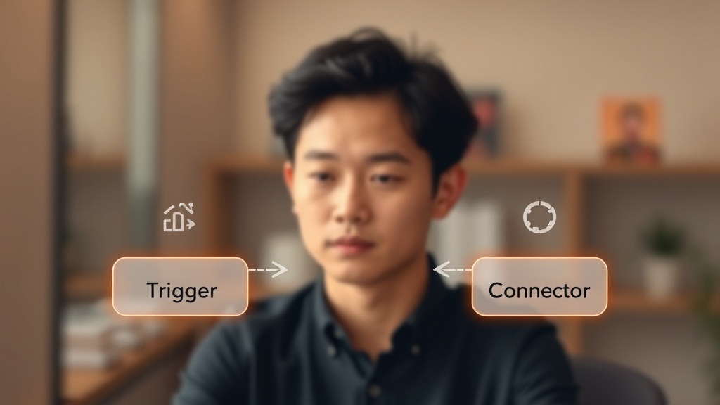 Power Automate의 핵심 구성 요소인 트리거, 작업, 커넥터를 시각적으로 표현한 연결된 블록 다이어그램