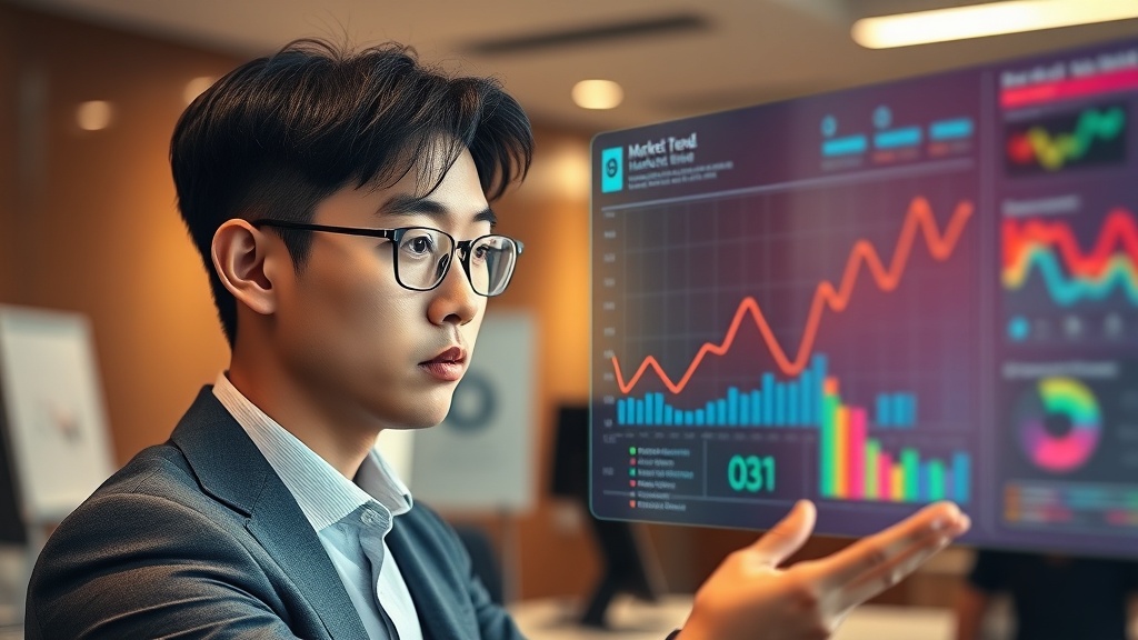 2025년 시장 트렌드와 경쟁사 분석 데이터를 보여주는 홀로그램 대시보드를 응시하는 한국인 비즈니스 전문가의 모습