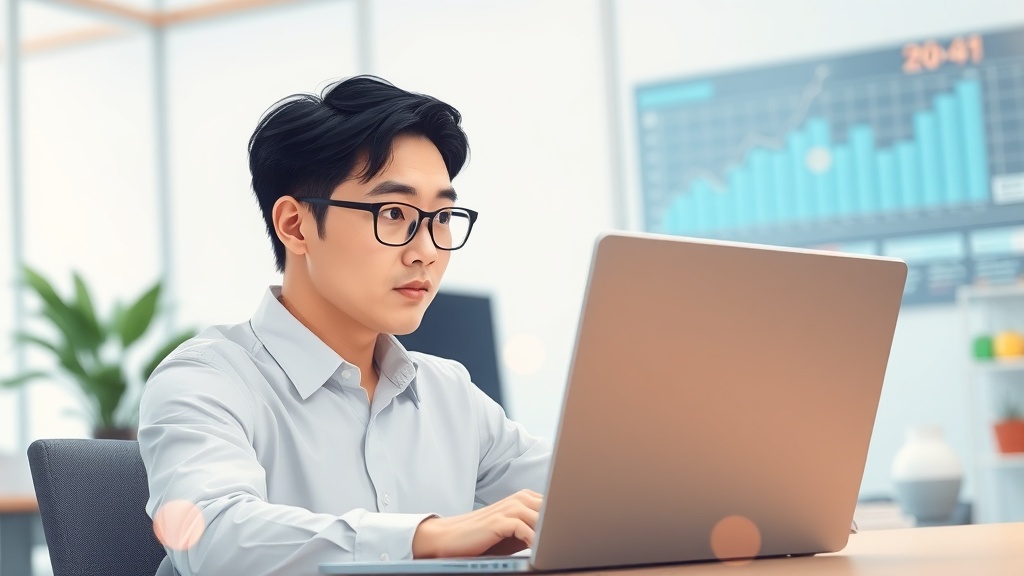 현대적인 사무실에서 노트북 화면을 보며 전략을 구상하는 한국인 사업가. AI 프로젝트 관리와 의사결정을 상징합니다.