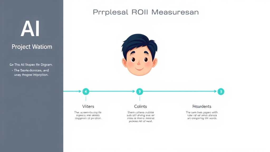 AI 프로젝트 ROI 측정 5단계 과정을 보여주는 깔끔한 워크플로우 다이어그램. 각 단계는 아이콘과 영문 텍스트로 명확하게 표시되어 있습니다.