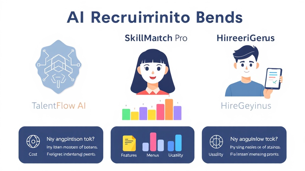 2025년 AI 채용 솔루션 3대장 비교 인포그래픽: TalentFlow AI, SkillMatch Pro, HireGenius의 비용, 기능, 사용성 비교