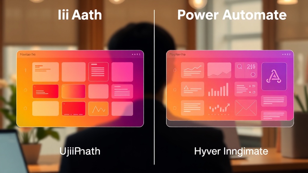 UiPath와 Power Automate의 특징을 시각적으로 비교하는 추상적인 일러스트레이션