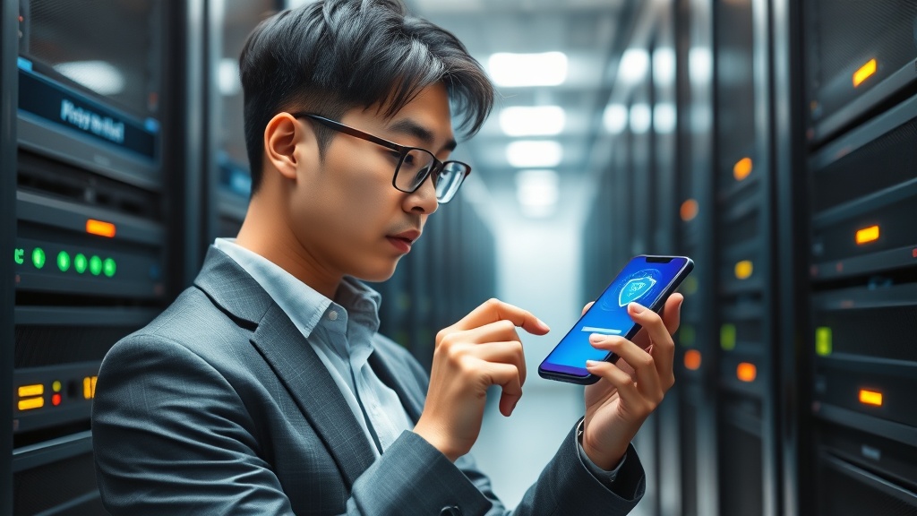 AI 기반 민감 데이터 비식별화의 중요성을 상징하는 이미지. 태블릿에 데이터 보안 아이콘이 표시되고, 데이터 센터 환경에서 한국인 비즈니스 전문가가 이를 확인하는 모습.