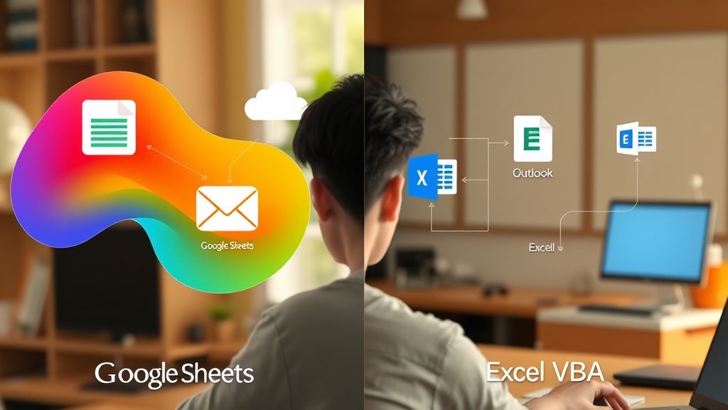 구글 시트 Apps Script와 엑셀 VBA의 워크플로우를 비교하는 개념 일러스트