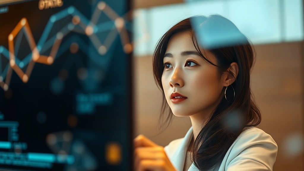 데이터 프라이버시와 AI 기술을 생각하는 한국인 데이터 과학자 여성의 모습