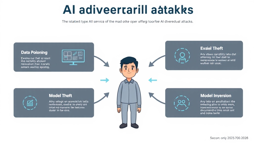 AI 모델에 대한 주요 5가지 적대적 공격 유형을 시각적으로 표현한 인포그래픽