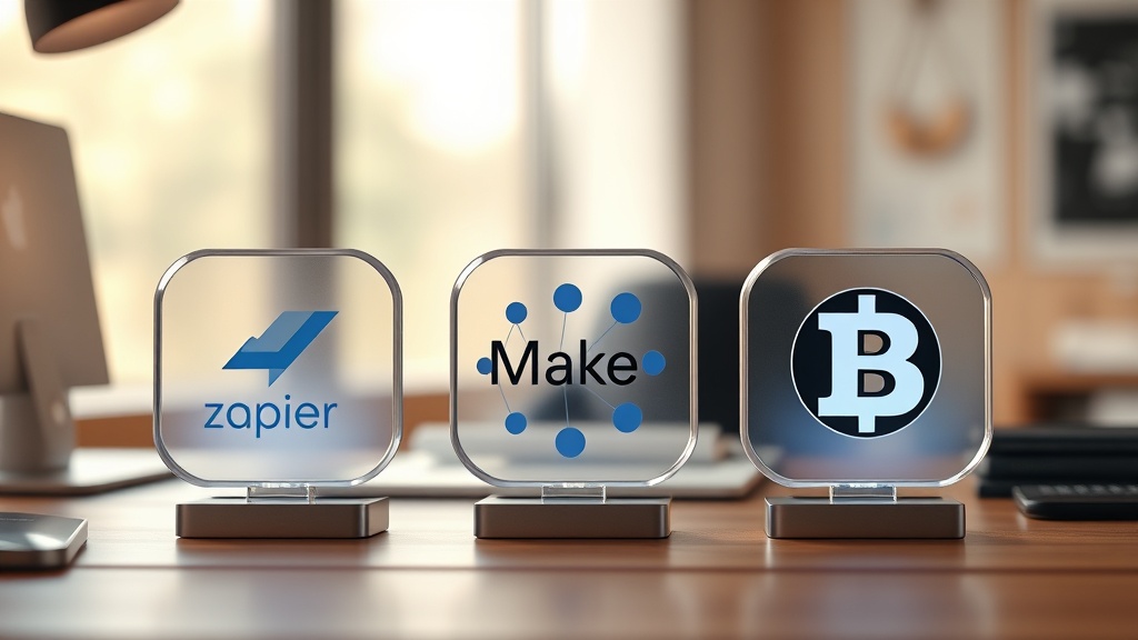 Zapier, Make, Bardeen을 상징하는 번개, 연결된 구체, 브라우저 아이콘이 각각 그려진 세 개의 카드