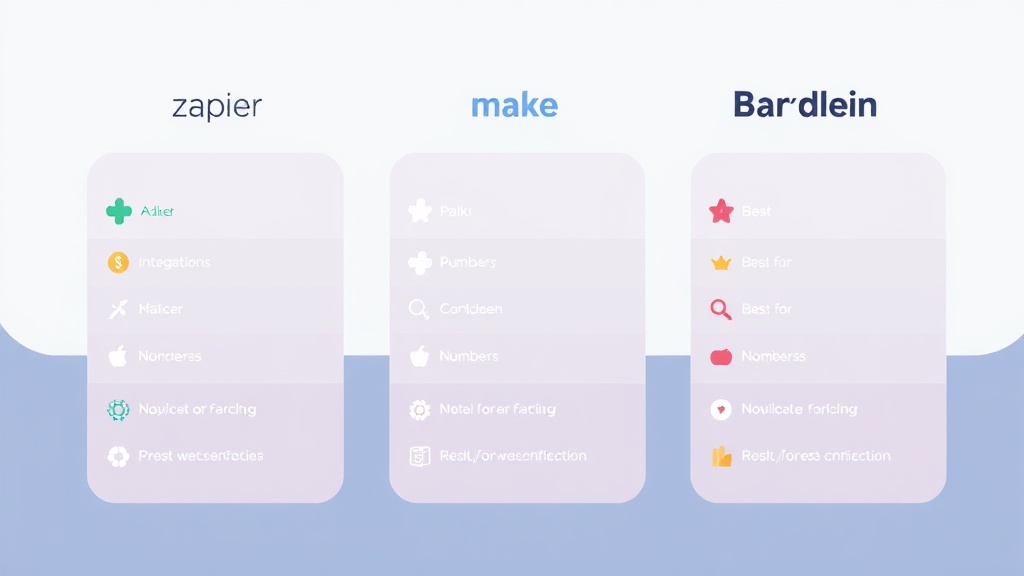 Zapier, Make, Bardeen 세 가지 자동화 툴의 핵심 기능과 장단점을 간결하게 비교한 인포그래픽 차트
