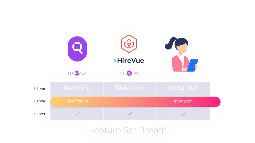Harver, Eightfold AI, HireVue 세 가지 AI 채용 툴의 핵심 기능 및 성능을 비교하는 인포그래픽