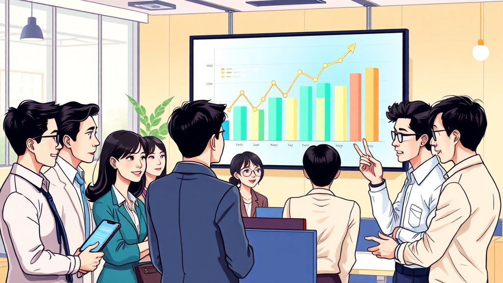 AI 채용 툴 도입 후 협업하며 성과 지표를 확인하는 한국인 팀원들의 모습