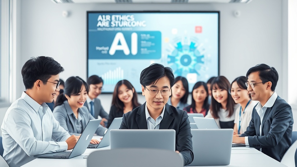AI 윤리 교육을 받고 있는 다양한 한국인 직장인들의 모습