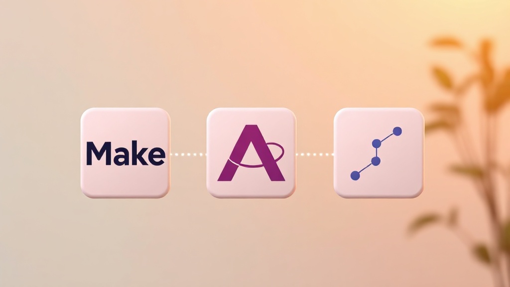 Zapier, Make, Airtable 로고가 각각의 카드 형태로 배치되어 있으며, 이들 사이에 데이터 흐름을 상징하는 선들이 연결된 미니멀리스트 일러스트레이션