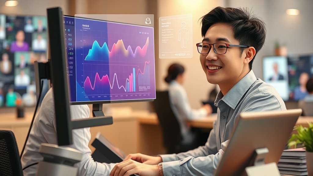 AI 어시스턴트와 함께 효율적으로 고객 응대하는 한국인 상담원의 모습