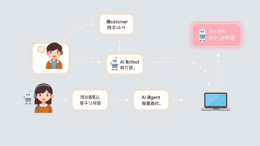 AI 고객센터의 고객 문의 처리 워크플로우를 보여주는 다이어그램: 문의 접수부터 AI 자동 응대, 상담원 지원, 최종 해결까지의 흐름