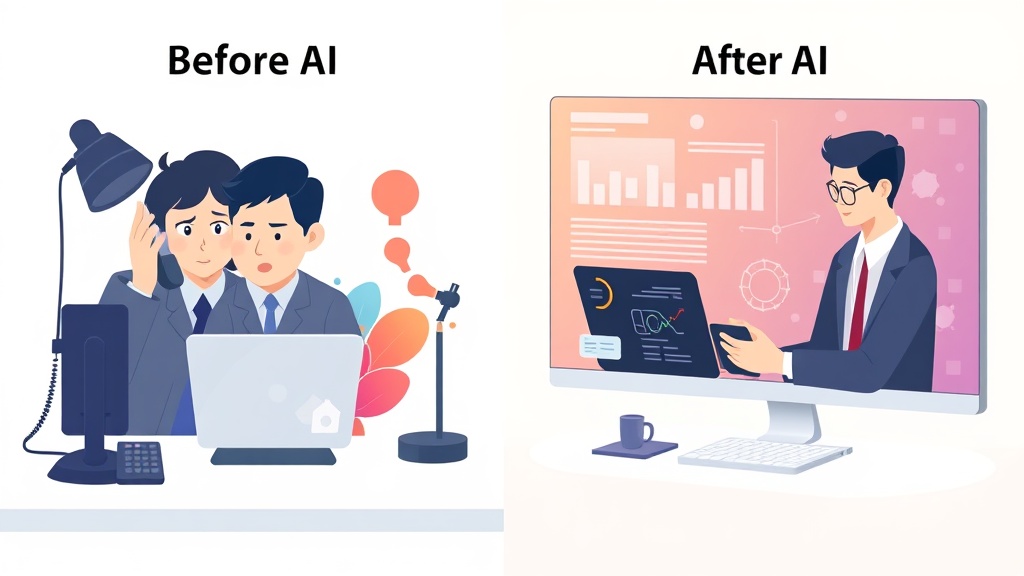 AI 도입 전후 고객센터의 변화를 비교하는 이미지: 혼란스러운 수동 상담에서 효율적인 AI 기반 상담으로 전환된 모습