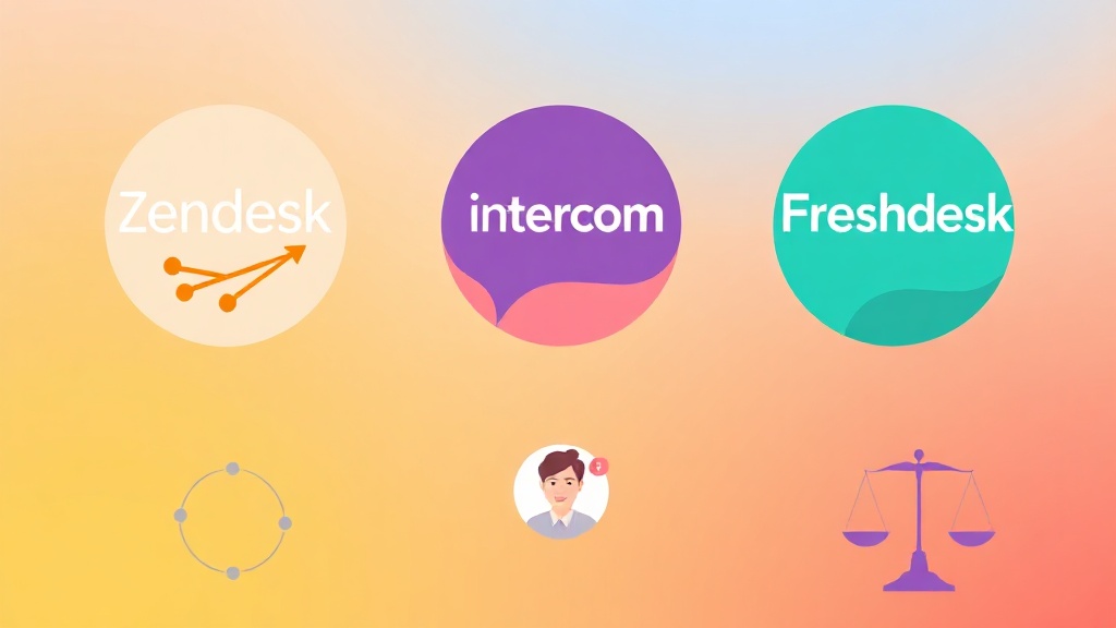 Zendesk, Intercom, Freshdesk AI 솔루션의 핵심 특징을 시각적으로 나타내는 세 가지 추상적인 카드 이미지