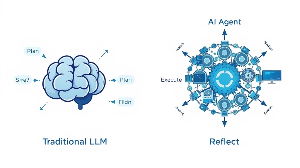 기존 LLM과 자율 AI 에이전트의 복잡성과 자율성 차이를 보여주는 개념적 일러스트