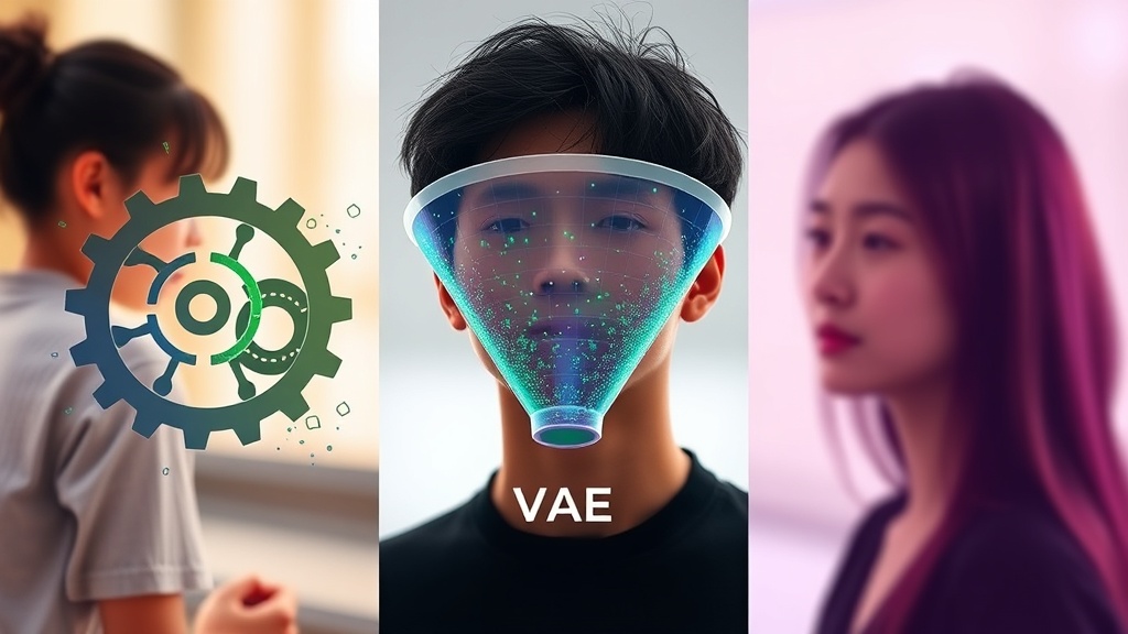 GAN, VAE, Diffusion 모델의 합성 데이터 생성 기술을 시각적으로 비교한 일러스트. GAN은 경쟁 학습, VAE는 데이터 압축 및 재구성, Diffusion 모델은 점진적 노이즈 제거 과정을 추상적인 형태로 표현