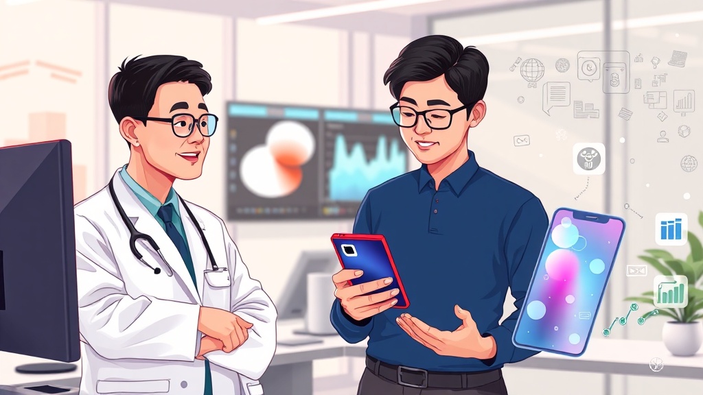 합성 데이터의 실제 산업 적용 사례를 보여주는 이미지. 한국인 의사와 데이터 분석가가 협력하여 의료 데이터를 활용하는 모습과 금융, 자율주행, 제조 등 다양한 산업 아이콘이 배경에 배치되어 있음
