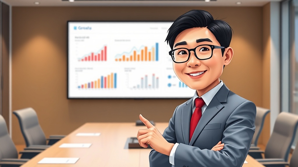 AI 생성 보고서를 자신감 있게 발표하는 한국인 비즈니스맨