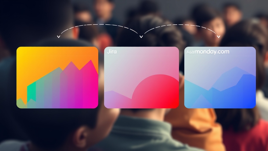 Jira, Asana, Monday.com 등 AI 기반 프로젝트 관리 툴 3가지의 특징을 시각적으로 비교하는 카드 형태의 일러스트. 각 툴의 고유한 디자인과 AI 기능이 간략하게 표현되어 있습니다.