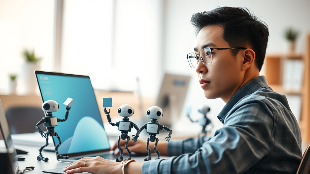 AI 기반 테스트 데이터를 생성하는 한국인 개발자가 노트북 화면을 보며 작업하는 모습. 책상 위에는 데이터를 상징하는 블록을 든 로봇들이 놓여있다.