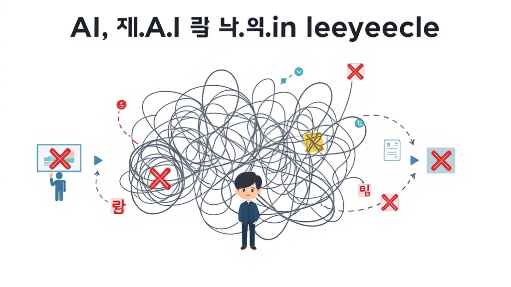 복잡하게 얽히고 깨진 파이프라인과 저항하는 사람들을 통해 AI 프로젝트 실패 원인을 시각화한 추상적 다이어그램