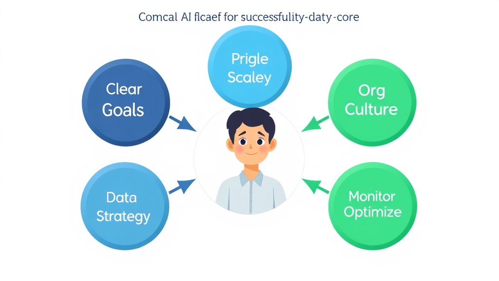 AI 도입 성공을 위한 5가지 핵심 전략(명확한 목표, 데이터 전략, 파일럿, 조직 문화, 모니터링)을 보여주는 상호 연결된 노드 인포그래픽