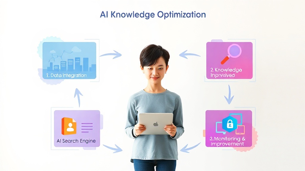 AI 기반 엔터프라이즈 지식 탐색 및 검색 최적화를 위한 5단계 (데이터 통합, 지식 그래프, AI 검색 엔진, 개인화, 모니터링) 실전 가이드 워크플로우 다이어그램