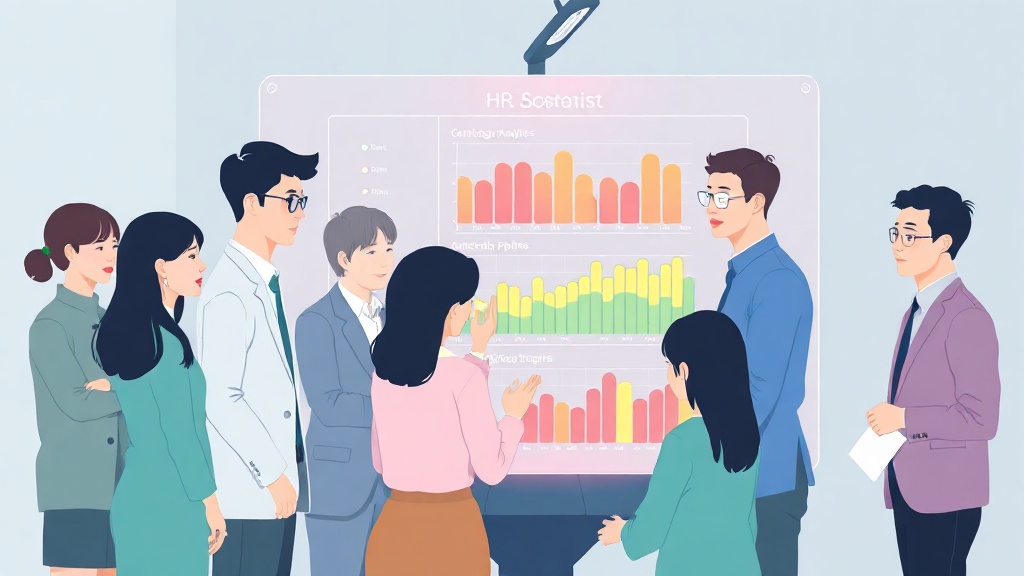 AI 기반 채용 시스템을 활용하여 인재 데이터를 분석하고 전략적 의사결정을 내리는 한국인 HR 팀원의 협업 장면