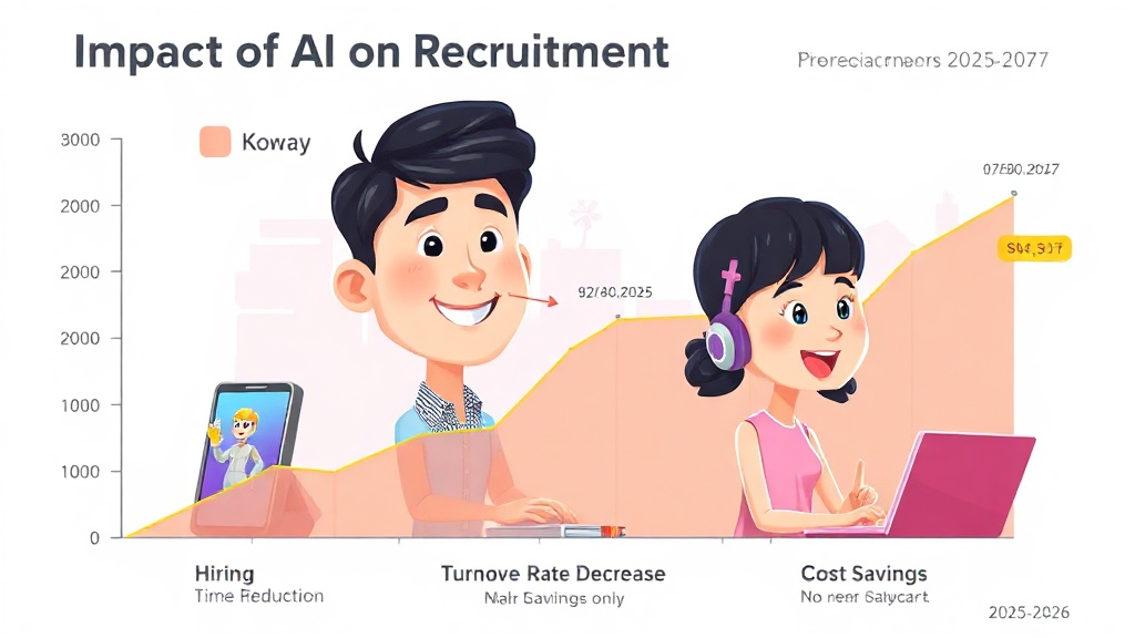 2025년부터 2027년까지 AI 도입으로 인한 채용 시간 단축, 이직률 감소, 비용 절감 효과를 보여주는 라인 그래프
