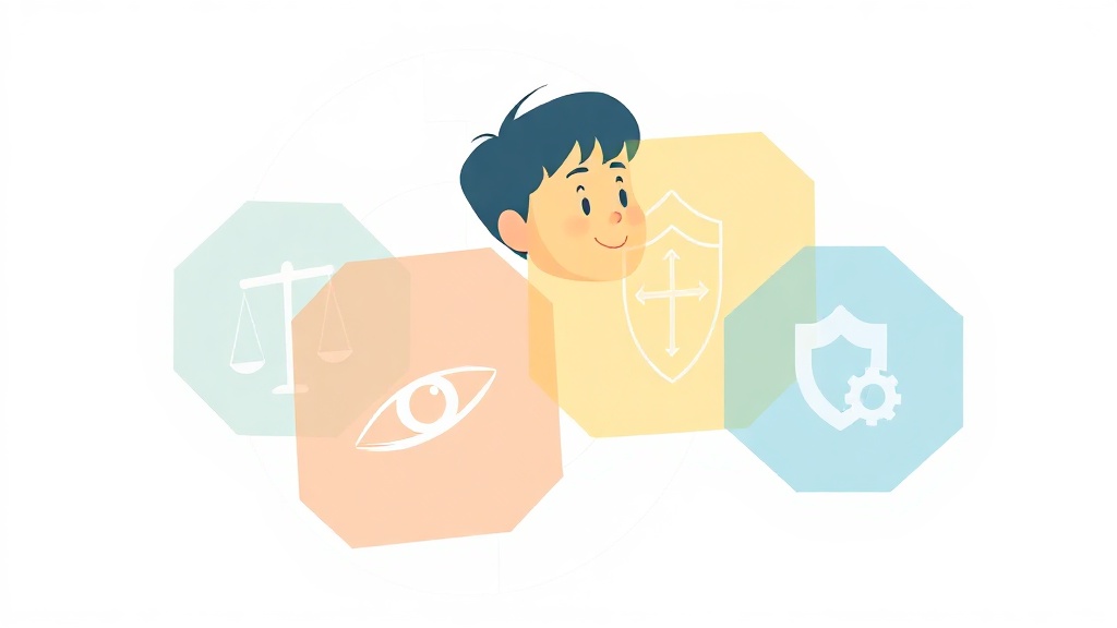 AI 윤리 원칙을 시각적으로 표현한 추상적인 기하학 도형과 아이콘