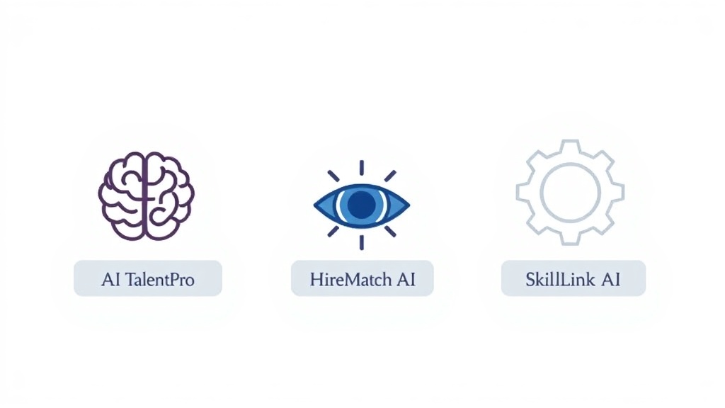 2025년 AI 채용 솔루션 3대장(AI TalentPro, HireMatch AI, SkillLink AI)을 상징하는 세 개의 스타일리시한 카드 또는 배지. 각 카드에는 핵심 기능을 나타내는 추상적인 아이콘이 그려져 있음.