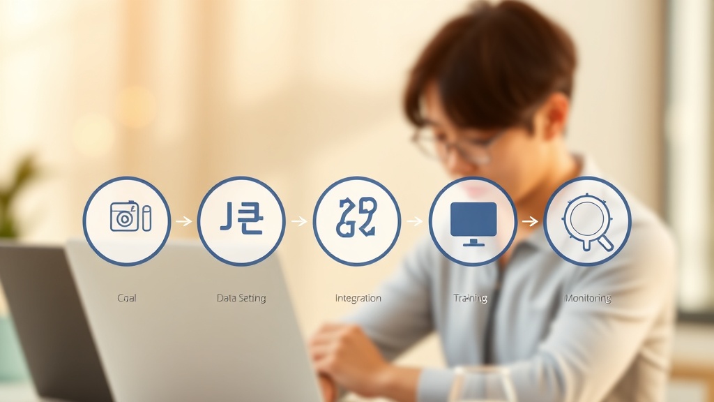 AI 채용 툴 도입의 5단계 실전 가이드를 나타내는 개념적인 일러스트. 목표 설정, 데이터 준비, 시스템 통합, 직원 교육, 지속적인 모니터링 단계를 번호 매겨진 연결된 도형으로 표현.