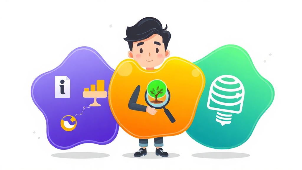 EcoTrack AI, SustainAlytics, GreenReport Pro 세 가지 AI ESG 툴을 상징하는 카드 형태의 일러스트레이션. 각 툴의 핵심 기능을 나타내는 추상적인 아이콘들이 그려져 있습니다.