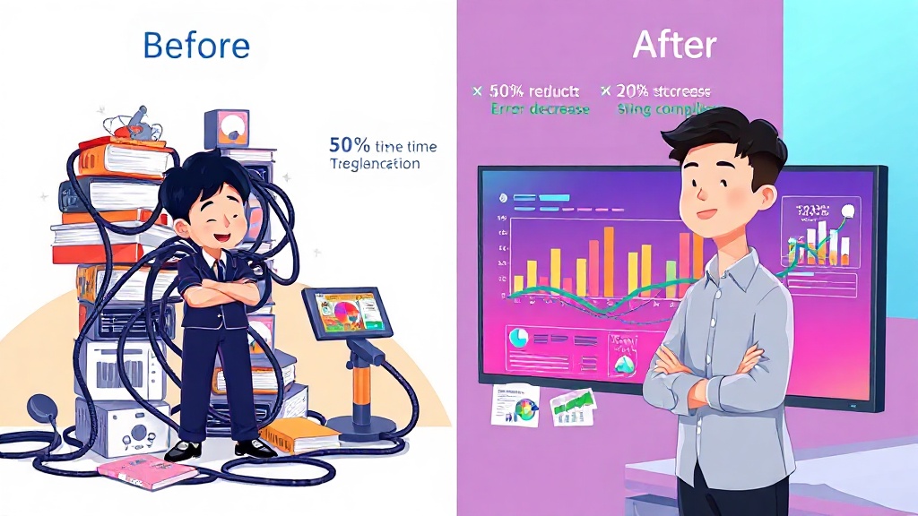 AI 기반 ESG 툴 도입 전후의 업무 효율성 변화를 보여주는 인포그래픽. 데이터 수집 시간 단축, 보고서 오류 감소, ESG 평가 대응력 강화 효과를 시각적으로 강조합니다.