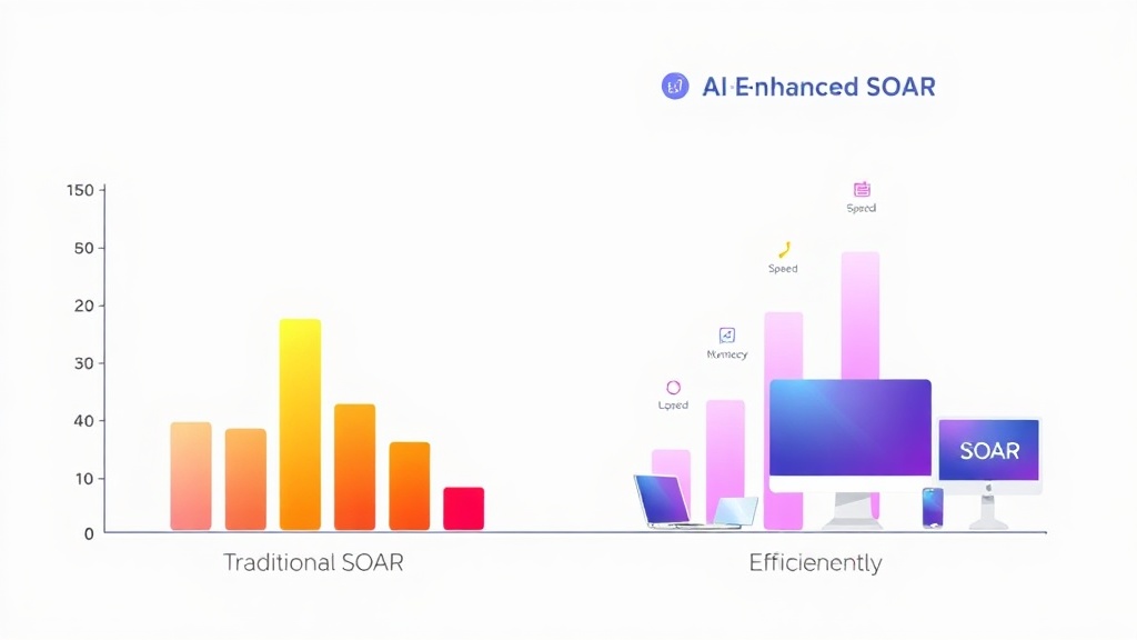 전통적인 SOAR와 AI 기반 SOAR의 성능 및 효율성을 비교하는 다이어그램