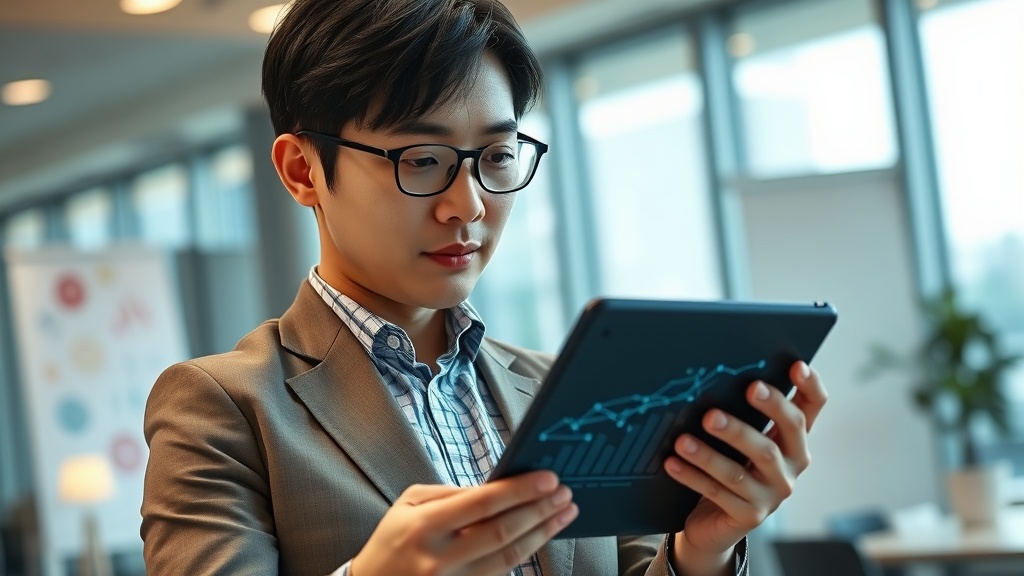 AI 기반 채용 솔루션을 활용하여 효율적으로 인재를 검토하는 한국인 HR 매니저의 모습