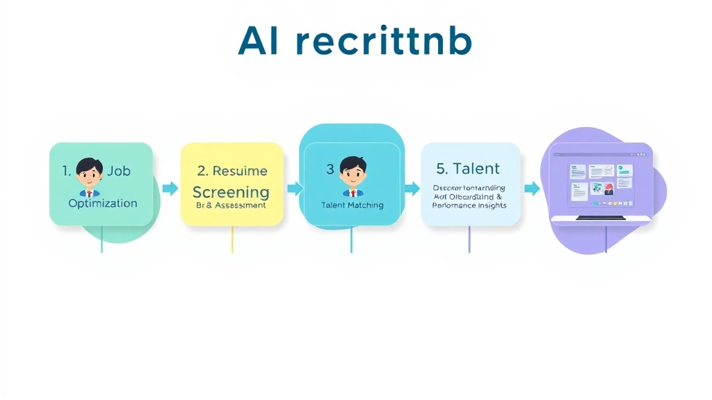 AI 채용의 5가지 핵심 단계를 보여주는 플로우 차트 인포그래픽: 채용 공고 최적화, 이력서 스크리닝, AI 면접 및 평가, 인재 매칭, 온보딩 및 성과 통찰