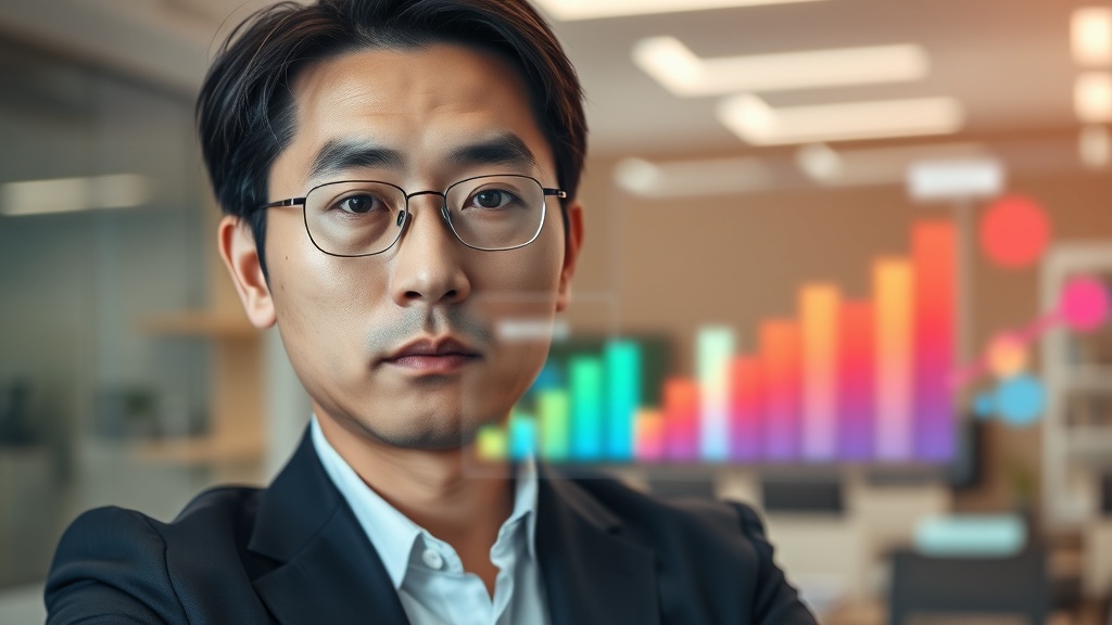 생성형 AI 법적 리스크를 분석하는 한국인 비즈니스 전문가가 홀로그램 인터페이스를 보는 모습