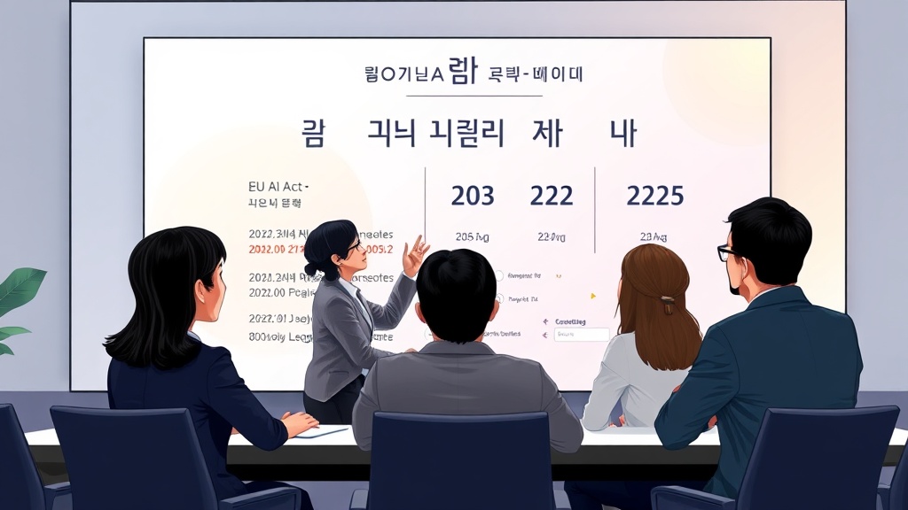 한국인 법률 전문가가 2025-2026년 글로벌 AI 규제 동향을 팀에게 설명하는 기업 회의 장면