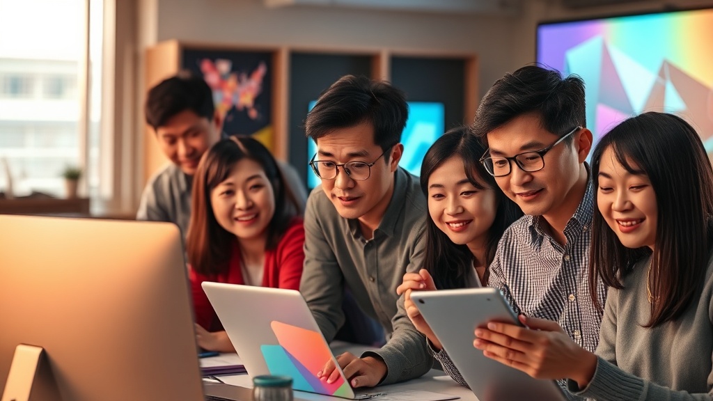 하이브리드 워크 환경에서 한국인 팀원들이 AI 기술로 원활하게 협업하는 모습