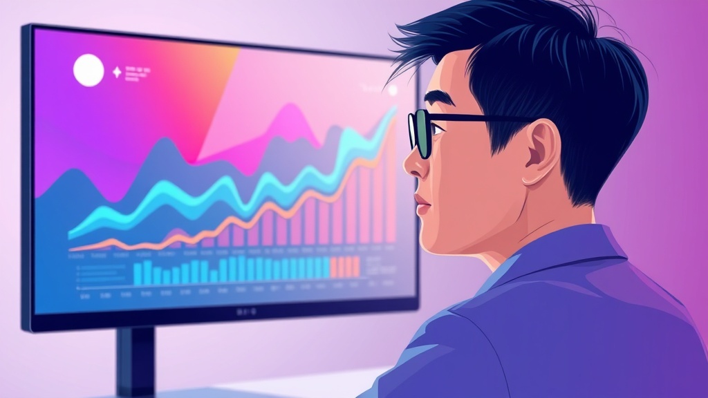 AI 협업 툴 도입으로 팀 생산성 향상 및 소통 오류 감소를 나타내는 추상적인 데이터 시각화를 보고 있는 한국인 팀 리더