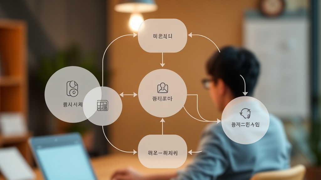 프롬프트 엔지니어링의 5가지 핵심 원칙을 시각적으로 표현한 추상적인 다이어그램