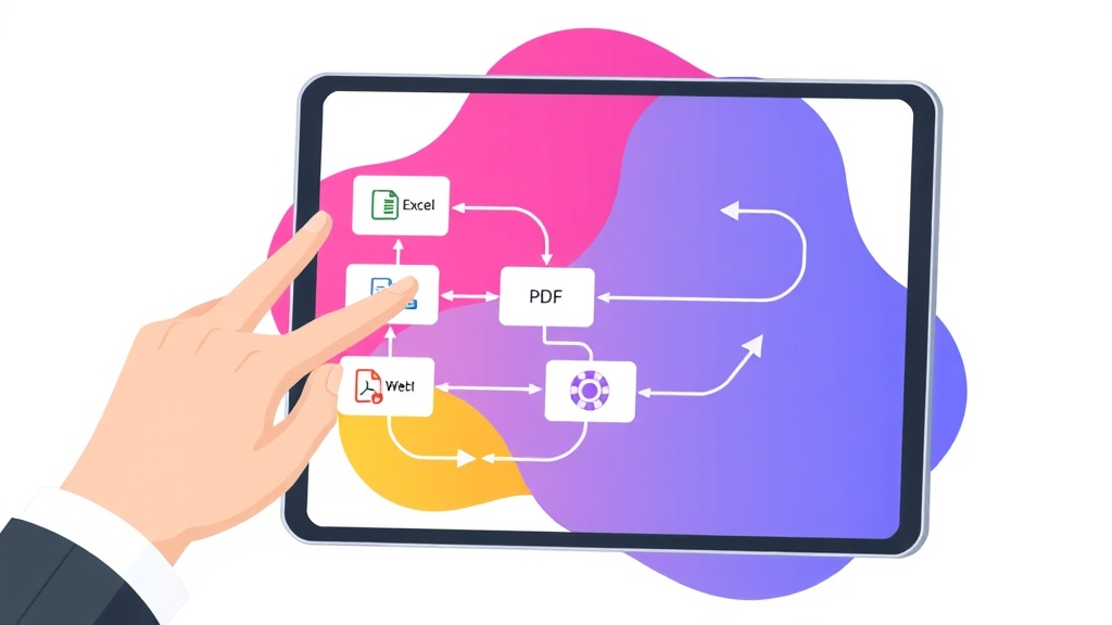 엑셀, PDF, 웹 데이터 자동화 단계를 보여주는 개념적인 워크플로우 다이어그램. RPA 로봇 아이콘과 데이터 정제 단계를 포함한다.
