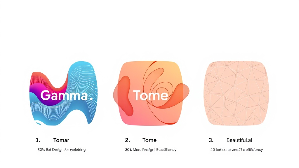 Gamma, Tome, Beautiful.ai 세 가지 AI 프레젠테이션 툴의 핵심 기능을 추상적으로 표현한 카드 이미지들