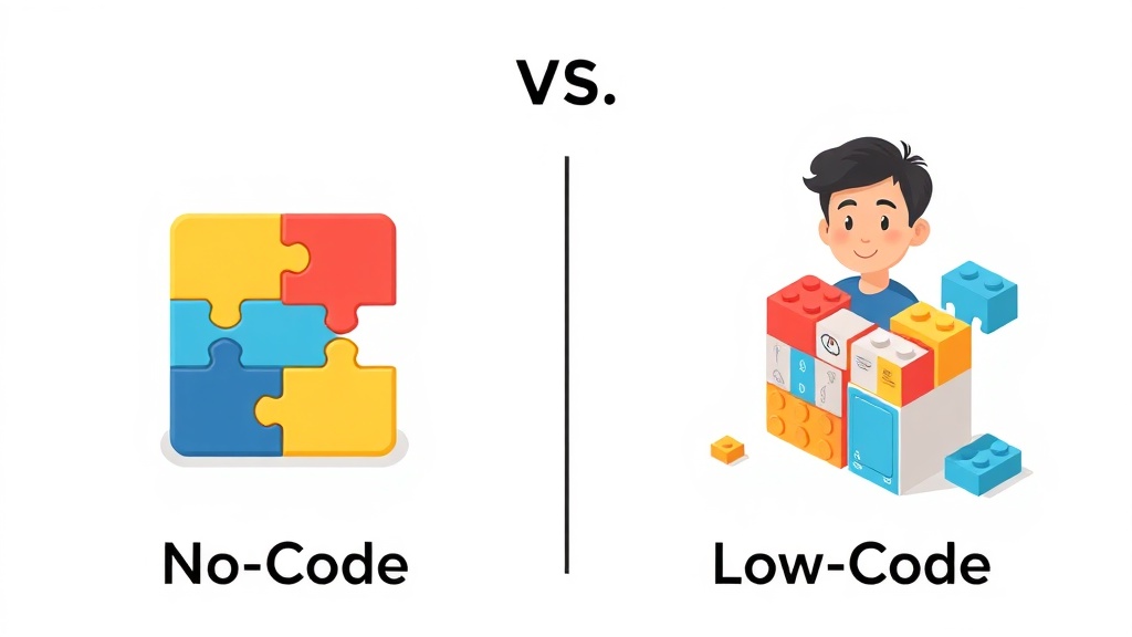 노코드(No-Code)와 로우코드(Low-Code)의 개념적 차이를 시각적으로 보여주는 일러스트: 쉬운 조립 퍼즐과 모듈식 블록